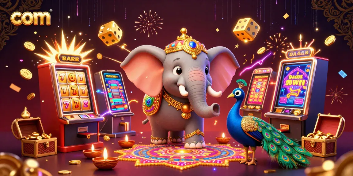 Engage with com through a vibrant casino scene featuring a lively elephant and peacock amidst jackpot chaos.