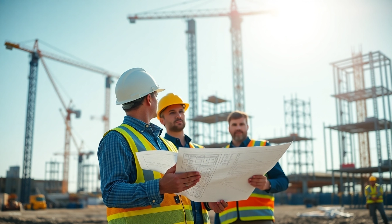 A skilled New Jersey Construction Manager directing a bustling construction site in bright sunlight.