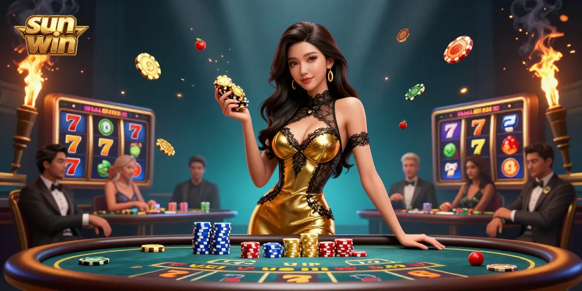 Experience thrilling wins at Sun Win casino with a glamorous Asian woman confidently holding golden chips.