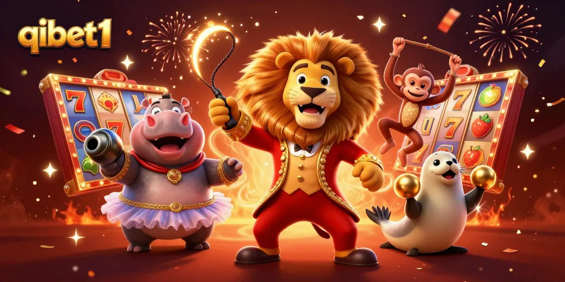 Play at qibet1 with vibrant slot games and interactive casino elements in a festive 3D scene.