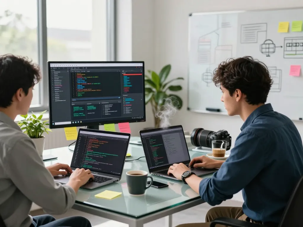 Developers collaborating in a vibrant tech workspace with WPS coding on laptops.