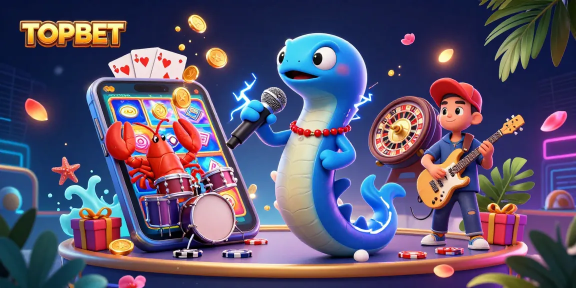 TOPBET's underwater casino scene showcases the electric eel DJ, lobster drummer, and seahorse guitarist in action.