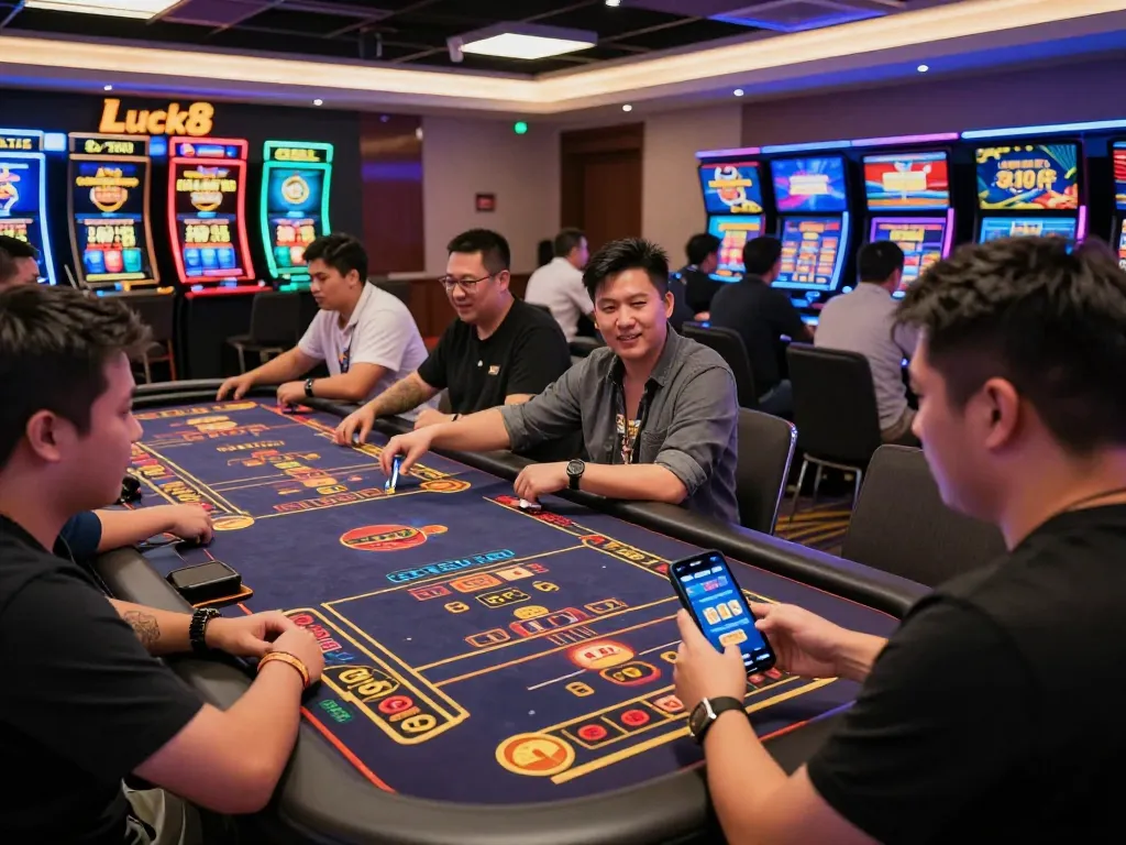 Players enjoying exciting games on Luck8’s vibrant online casino platform, showcasing dynamic interactions and promotions.