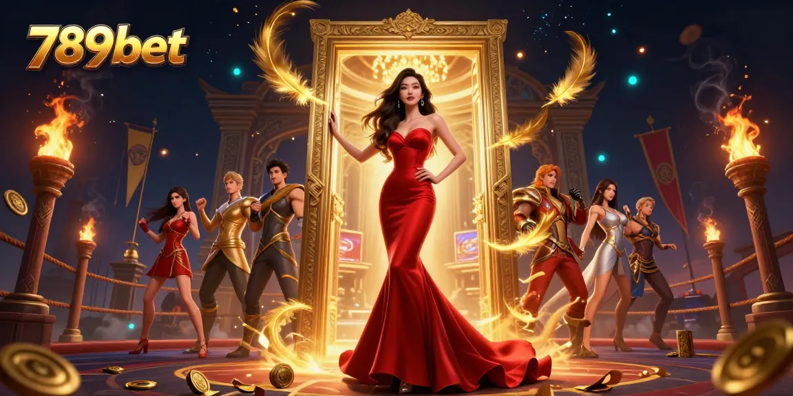 Play games at 789bet, featuring a beautiful Asian woman at a luxurious VIP casino doorway.