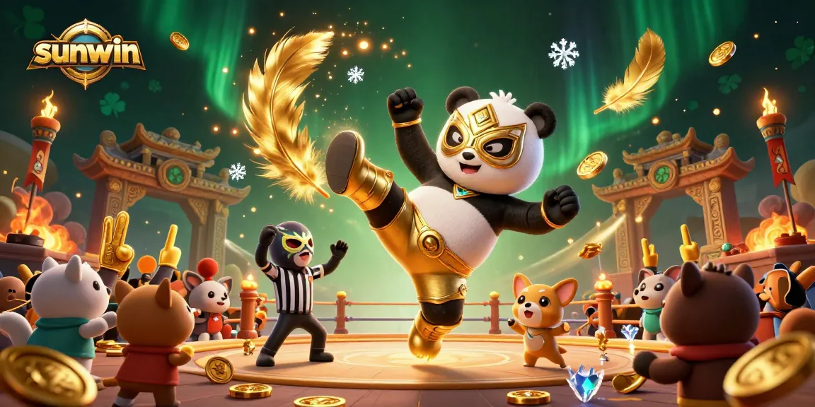 Witness the sunwin panda wrestler kicking in a vibrant casino scene filled with excitement.