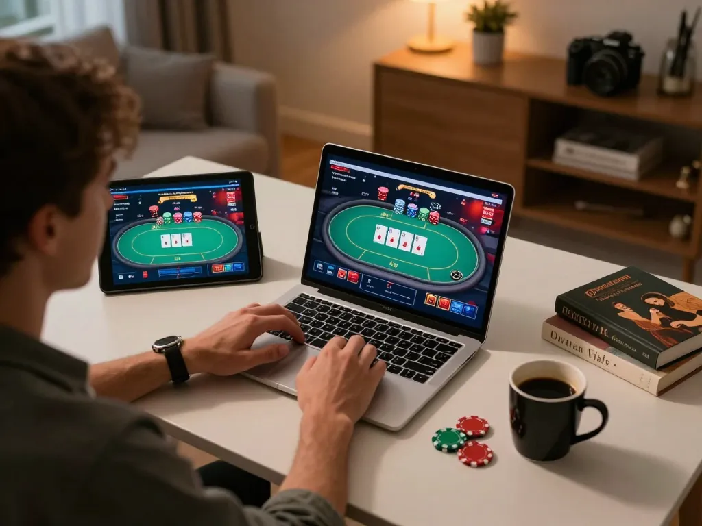 Engaging online poker gameplay on gamedoithuong88 with laptop and tablet setup, demonstrating focus and strategy.