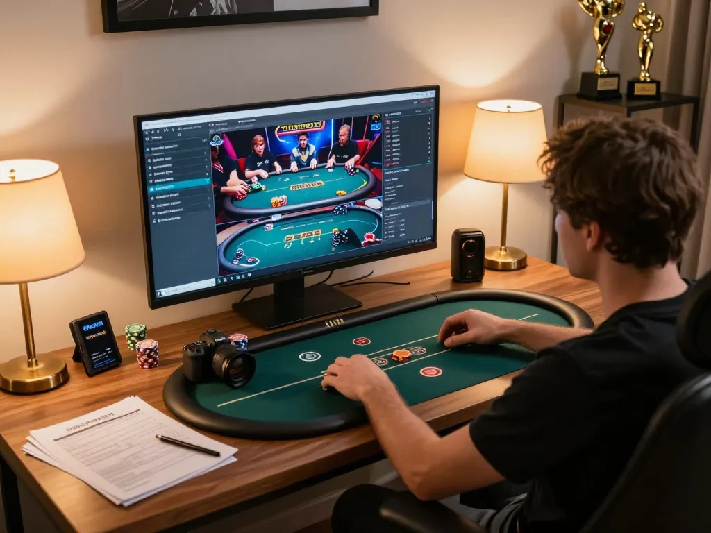 Engage with 33win online poker through a dynamic home gaming setup that showcases strategy and skill.