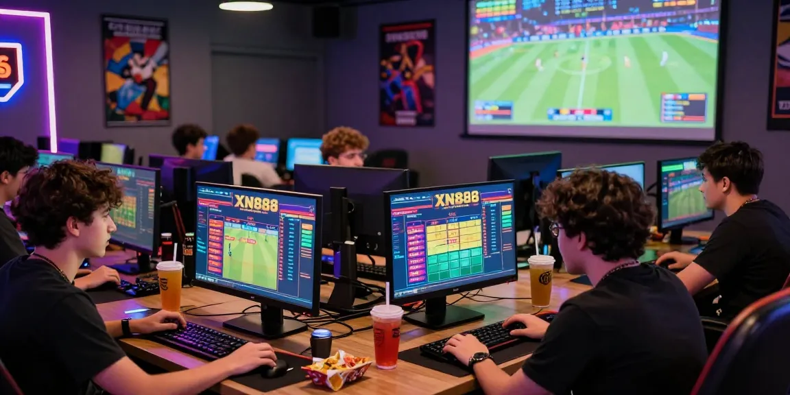 Dynamic online gaming scene with players focused on XN888 betting options in a vibrant lounge setting.