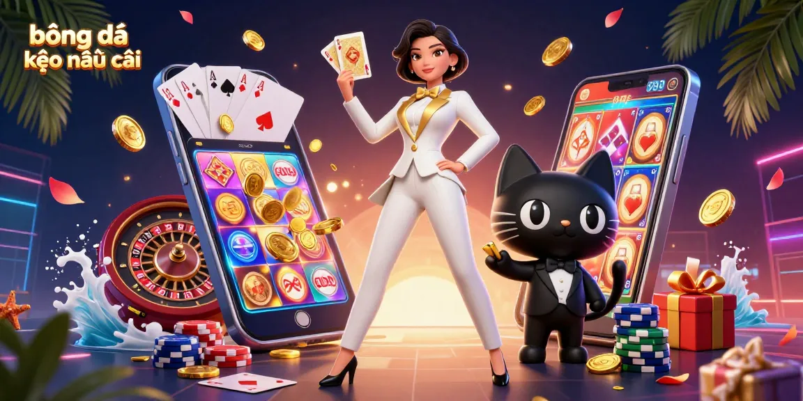 Bóng đá kèo nhà cái showcases a glamorous card dealer and a stylish cat amidst vibrant casino elements.