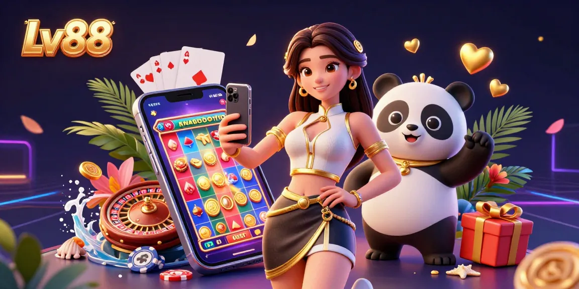 Experience excitement at Lv88 with an elegant woman, golden panda mascot, and dynamic casino games!
