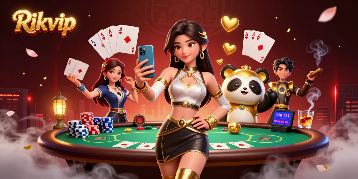 Experience Rikvip gaming excitement with an elegant woman and a golden panda mascot.
