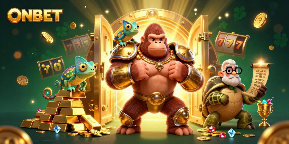 Engage with thrilling ONBET casino action featuring a golden gorilla king with treasures and vibrant games.
