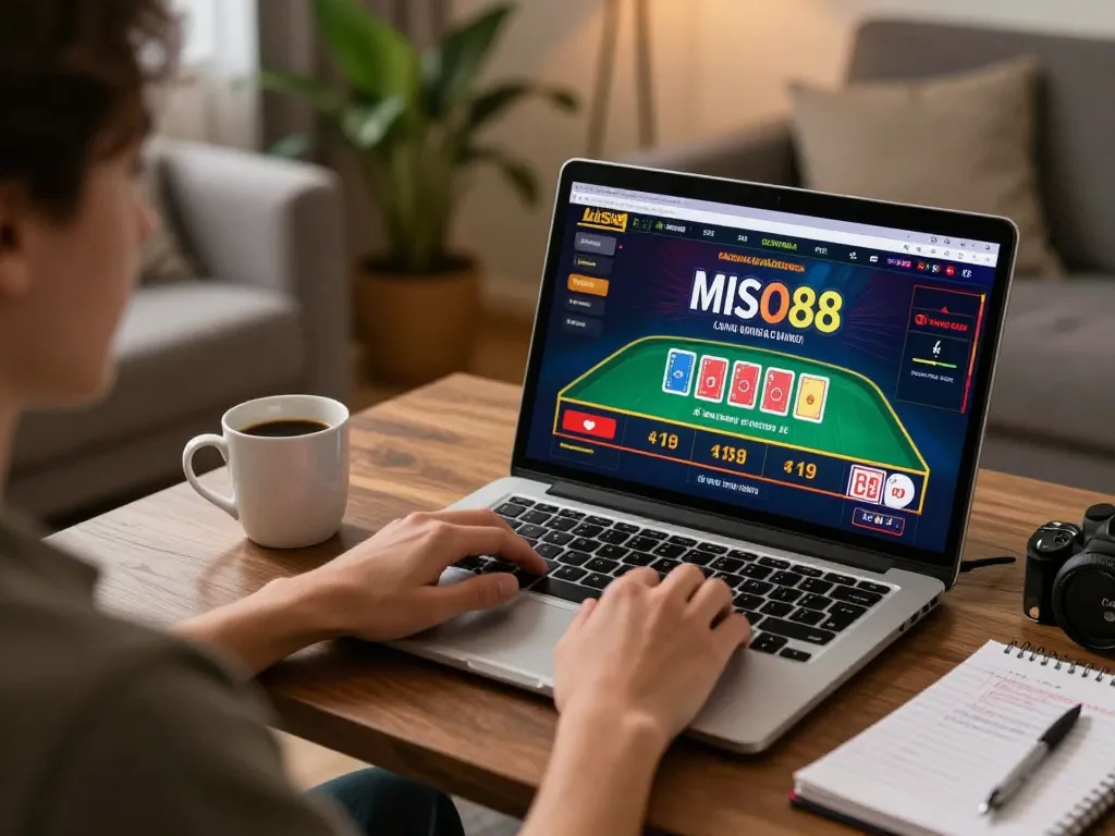 MISO88 player strategizing during an online betting session at home with casino interface visible.