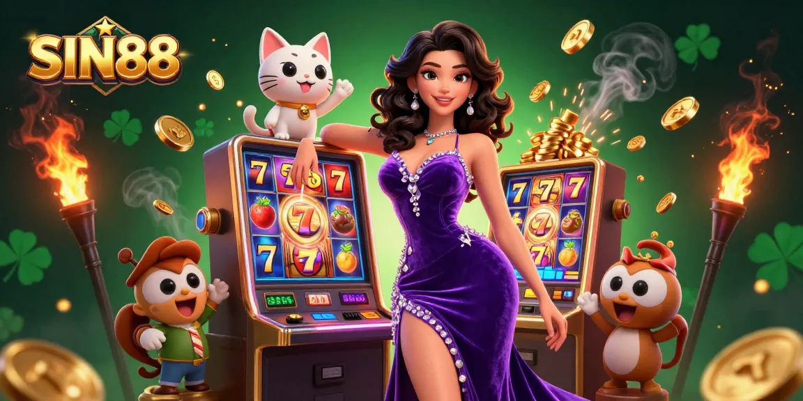 SIN88 showcases a lively casino scene with a glamorous woman and a waving fortune cat on a jackpot slot machine.