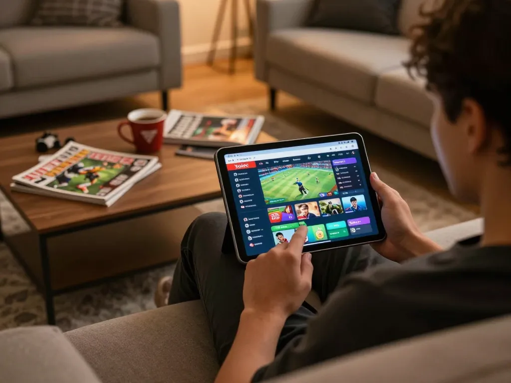 Xoilac TV sports betting experience on tablet in a cozy home setting, engaging atmosphere.