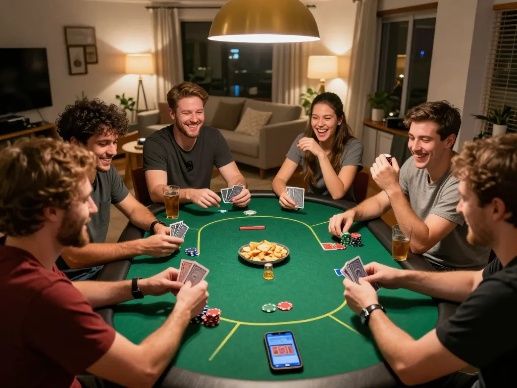 Friends enjoying a night of poker with nohu bets and chips on the table, showcasing a lively home gaming atmosphere.