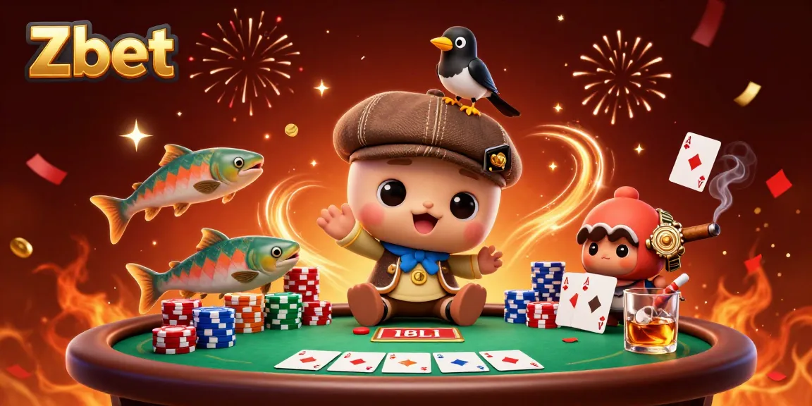 Zbet presents a captivating 3D scene with baby Nessie, a magpie, and salmon at a vibrant casino setting.