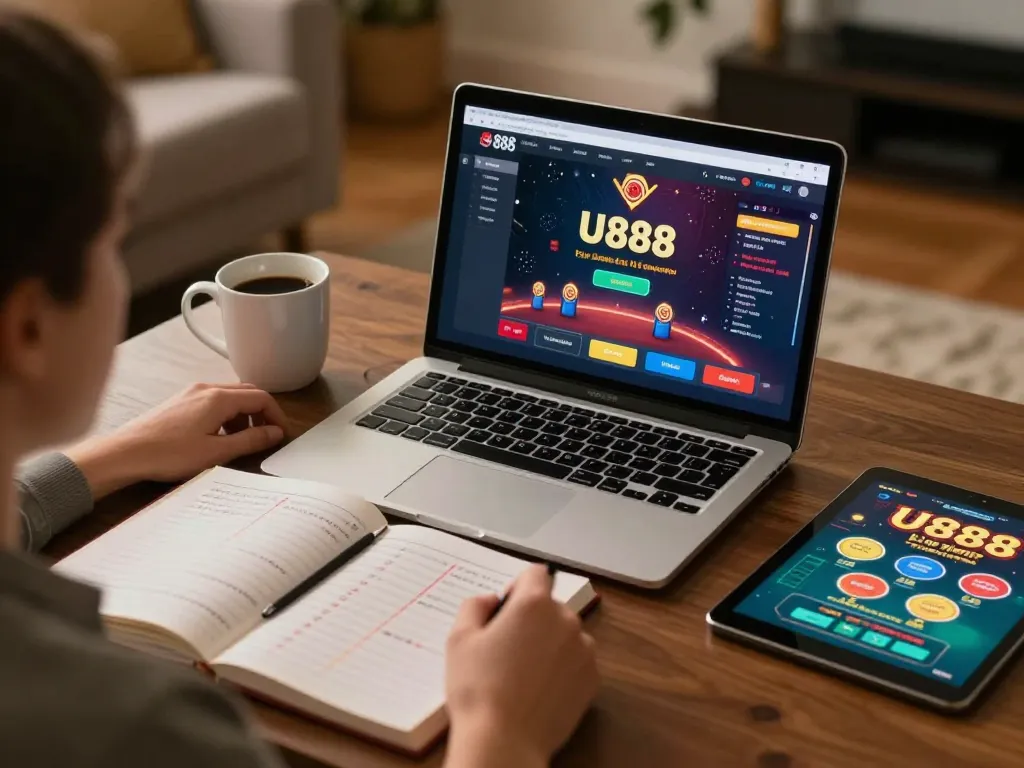 Experience U888's online gaming excitement as a player analyzes strategies from home