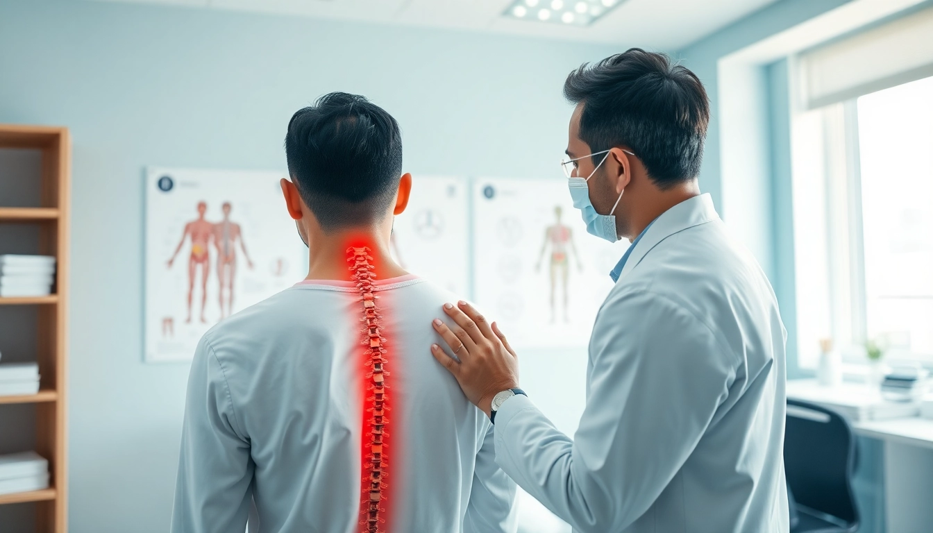 Analyzing back pain causes with healthcare professional in a bright clinic setting.
