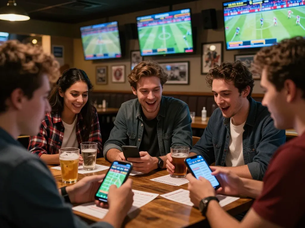 Friends engaged in sports betting excitement using 90phut mobile app in lively bar setting.
