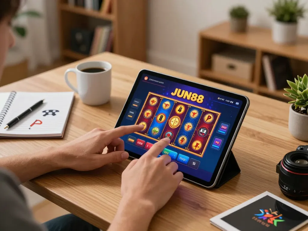 Player enjoying gaming at JUN88 casino app on tablet with engaging slot activity