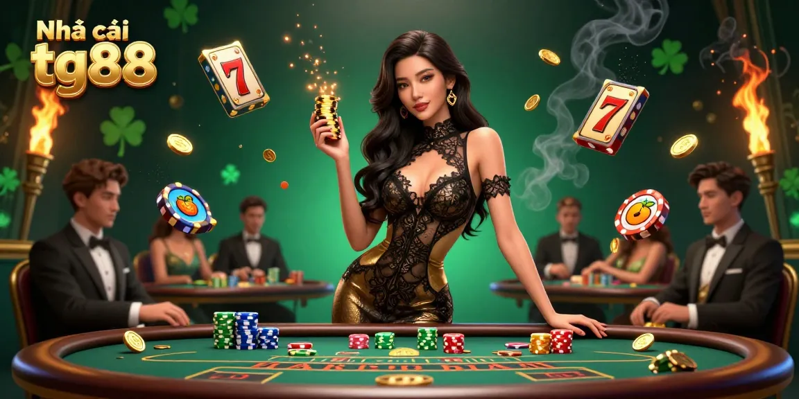 Engage with Nhà cái tg88 featuring a glamorous Asian woman at a baccarat table, surrounded by vibrant casino elements.