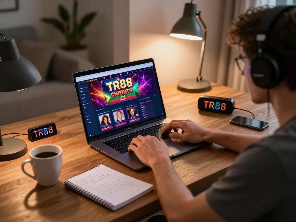 Engaging online gaming with TR88 platform on laptop, strategic planning with notes