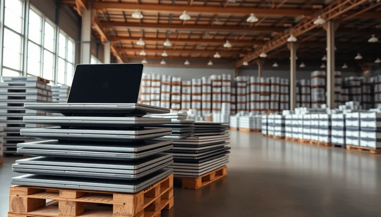 Explore MacBook Pro pallets for Sale arranged in a well-lit warehouse for liquidation opportunities.