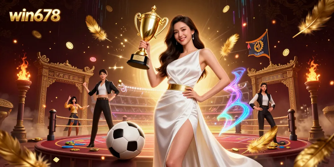 Experience the excitement of win678 with a victorious Asian woman holding a trophy amidst dynamic betting elements.