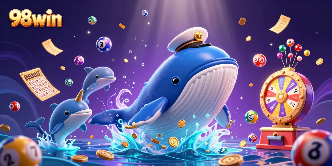 Experience the thrill of gaming with 98win's colorful casino scene featuring a whimsical whale and friends.