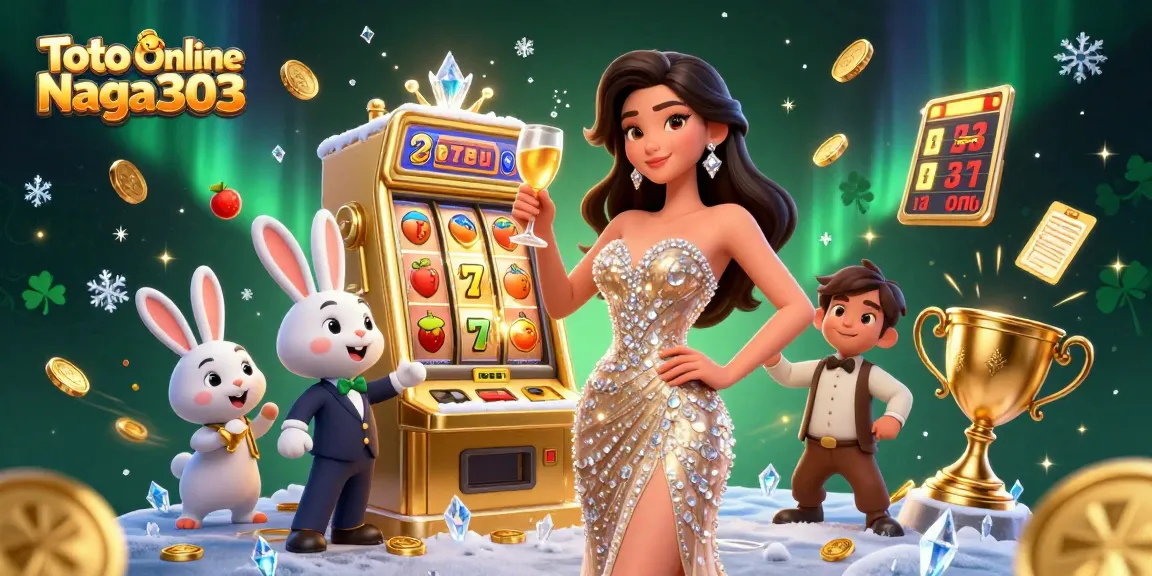 Toto Online Naga303 slot machine scene with jackpots and a celebratory woman, showcasing winning action.