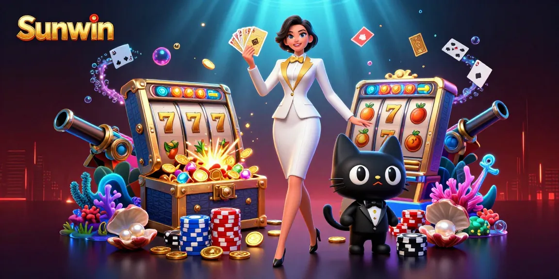 Engage in thrilling slots action with Sunwin featuring a glamorous character and stunning casino elements.