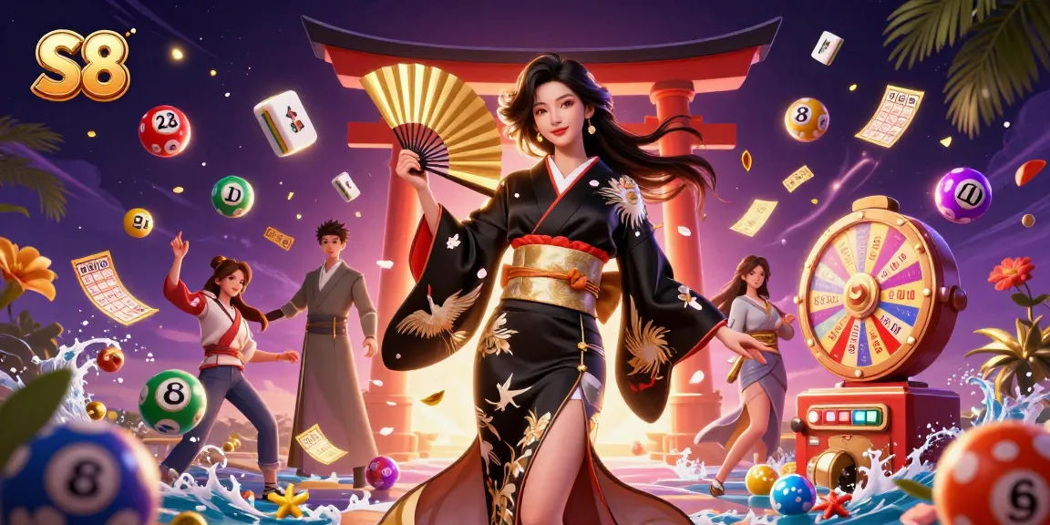 S8 casino gaming experience featuring a glamorous Asian character amidst vibrant lottery elements and gaming symbols.