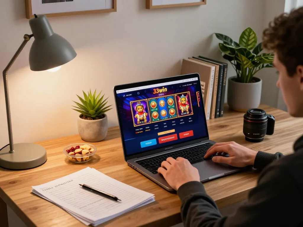 Player enjoying 33win online casino slots at home, showcasing strategic betting atmosphere.