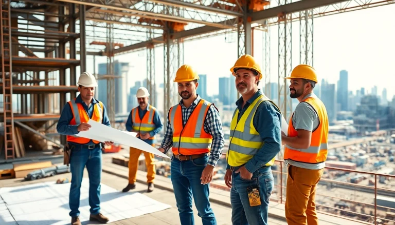 New Jersey Commercial General Contractor collaborating with diverse crew on a bustling construction site.