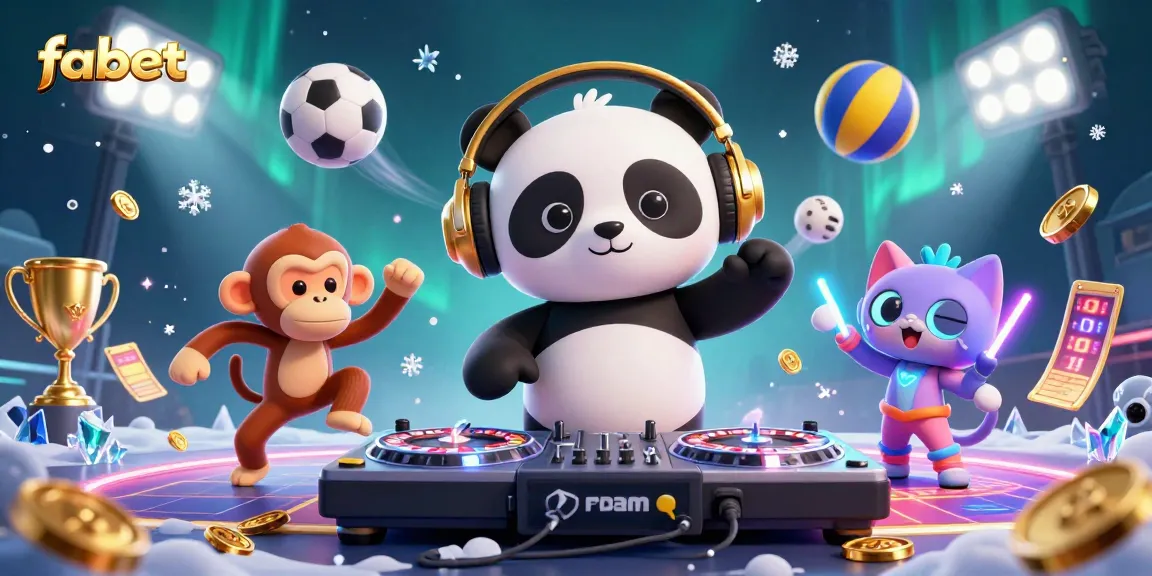 Experience the lively fabet gaming scene with DJ panda, breakdancing monkey, and vibrant sports elements.