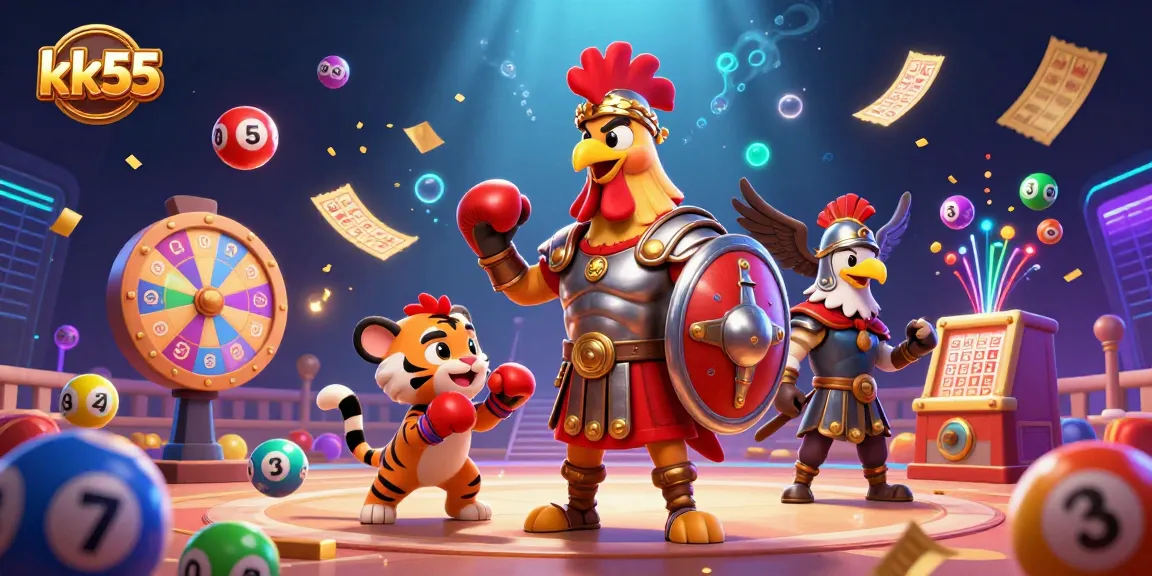 Engage with the exciting world of kk55 through a vibrant 3D illustration of a gladiator rooster in a casino setting.