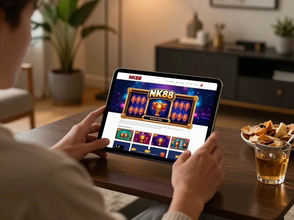 Engaging with the NK88 casino app on a tablet in a cozy home setting, promoting responsible gaming