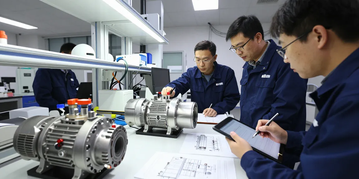 Engineers analyzing magnetic drive pump prototypes in an industrial lab environment, focusing on quality and innovation.