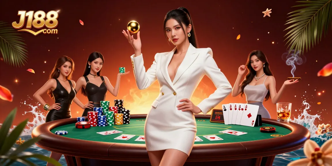 Experience excitement at J188 com with a stunning Asian dealer showcasing poker and roulette in a luxurious casino.