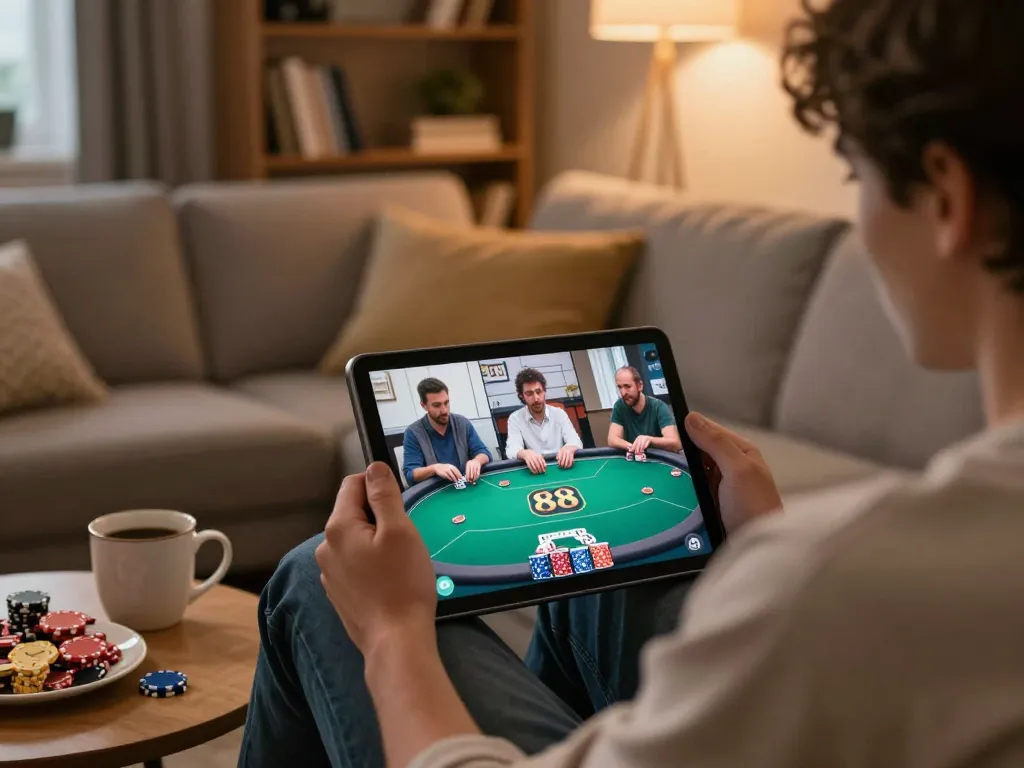 Play online poker at five88 with friends from home, showcasing engaging gameplay on a tablet.