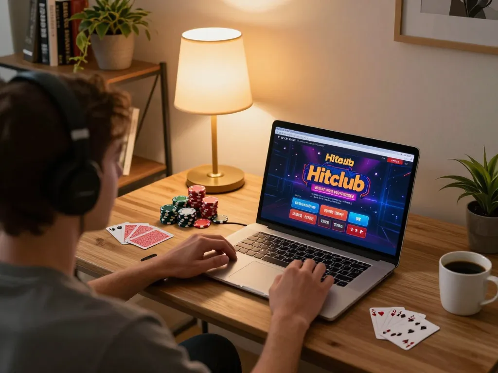 Engaging in online gaming at Hitclub with a cozy home setup featuring laptop and betting tools.