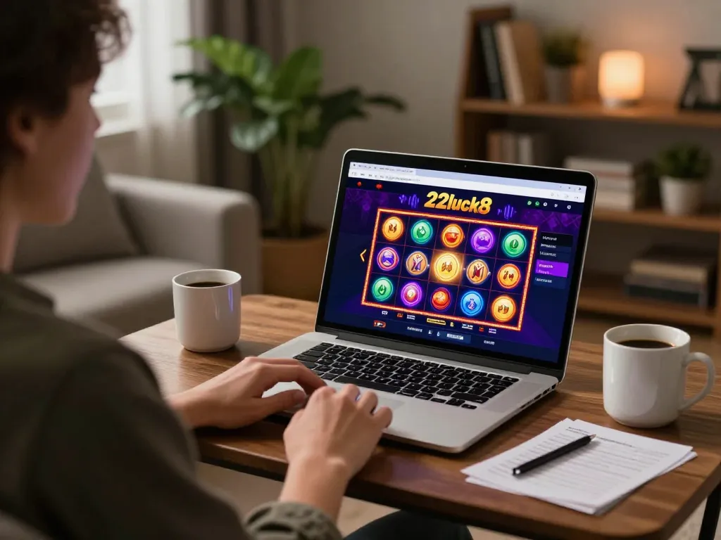 Player engaged in online gaming at 22luck8, showcasing an interactive slot game in a cozy setup.