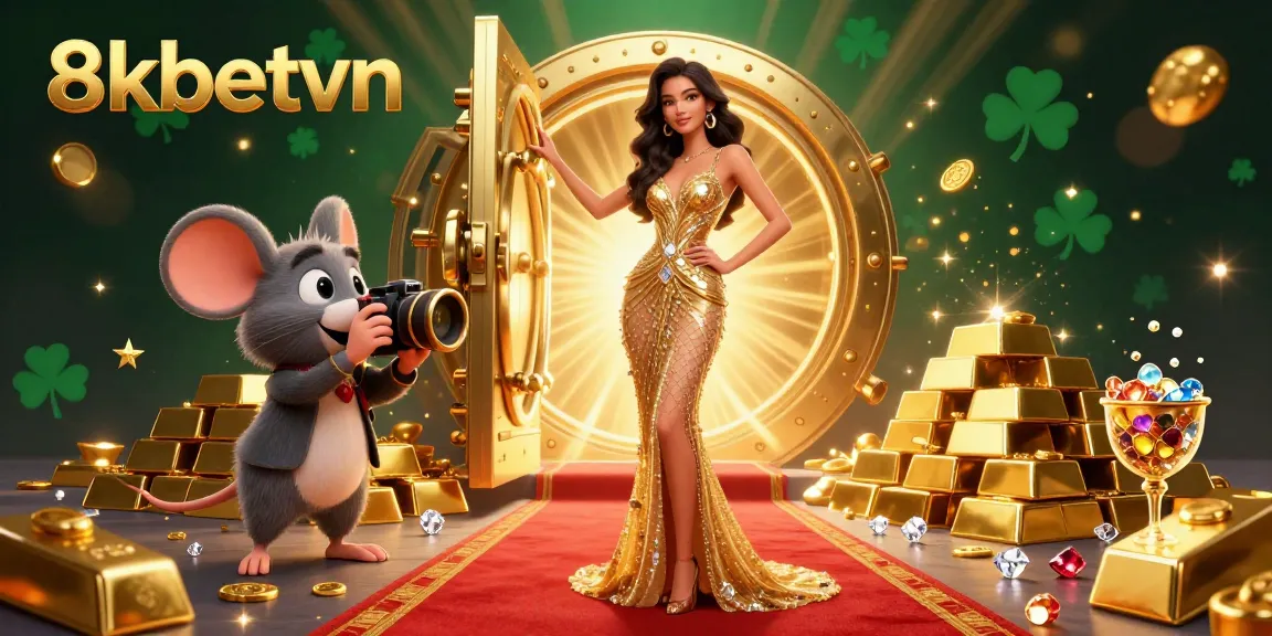 Join the excitement at 8kbetvn with a glamorous illustration showcasing a golden treasure vault and vibrant casino elements.
