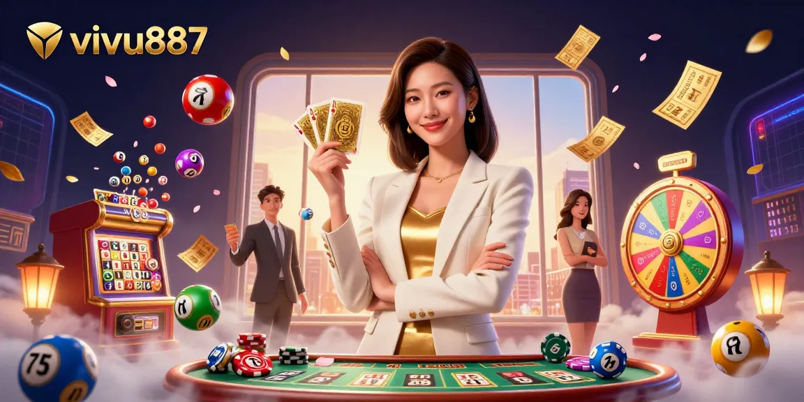 Experience the thrilling games at vivu887 with dynamic elements like lottery balls and poker cards in an exciting casino scene.