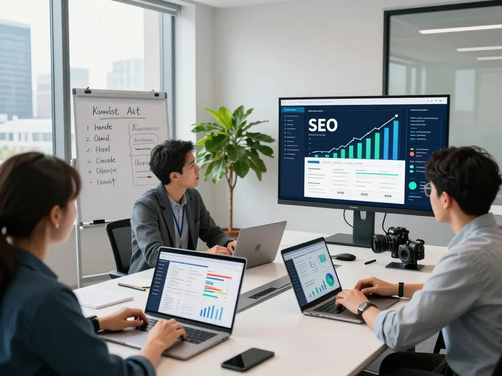Marketing team collaborating on an AI-based SEO platform strategy in a contemporary office.
