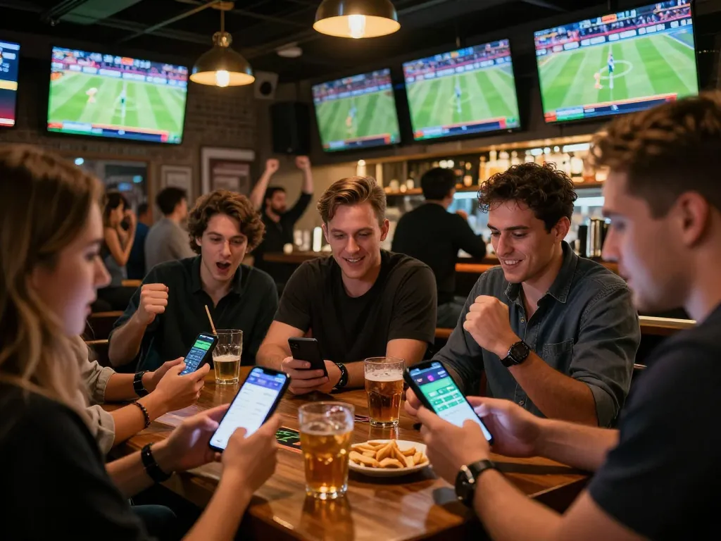 Engaging sports betting moment at bar with patrons using hm88 apps for live wagers