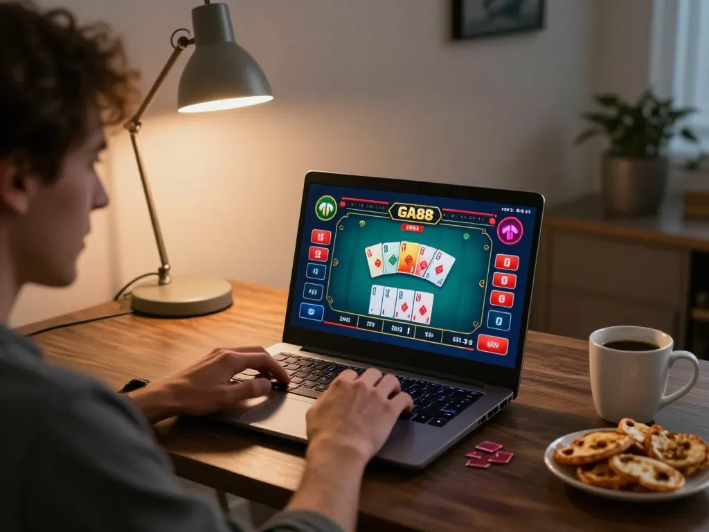 Engaging in GA88 online casino gameplay on a stylish laptop in a cozy home office.