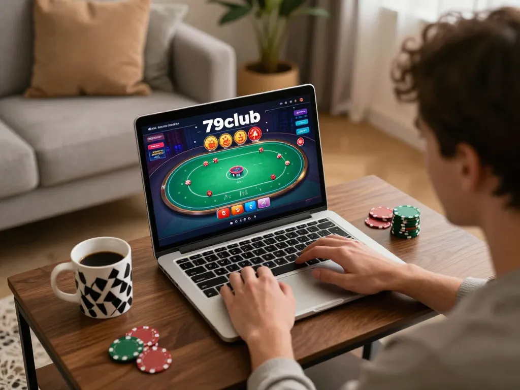 Playing poker on 79club's online interface, showcasing a cozy home gaming atmosphere
