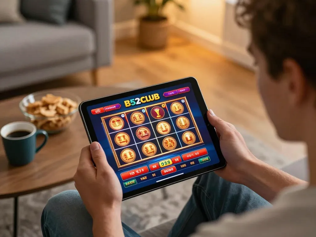 Player engaging with B52club casino app on tablet in cozy home setting.